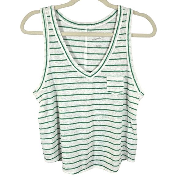 M Universal Threads White Green Striped Linen Blend Tank Top Sze S V Neck Pocket - Picture 1 of 8